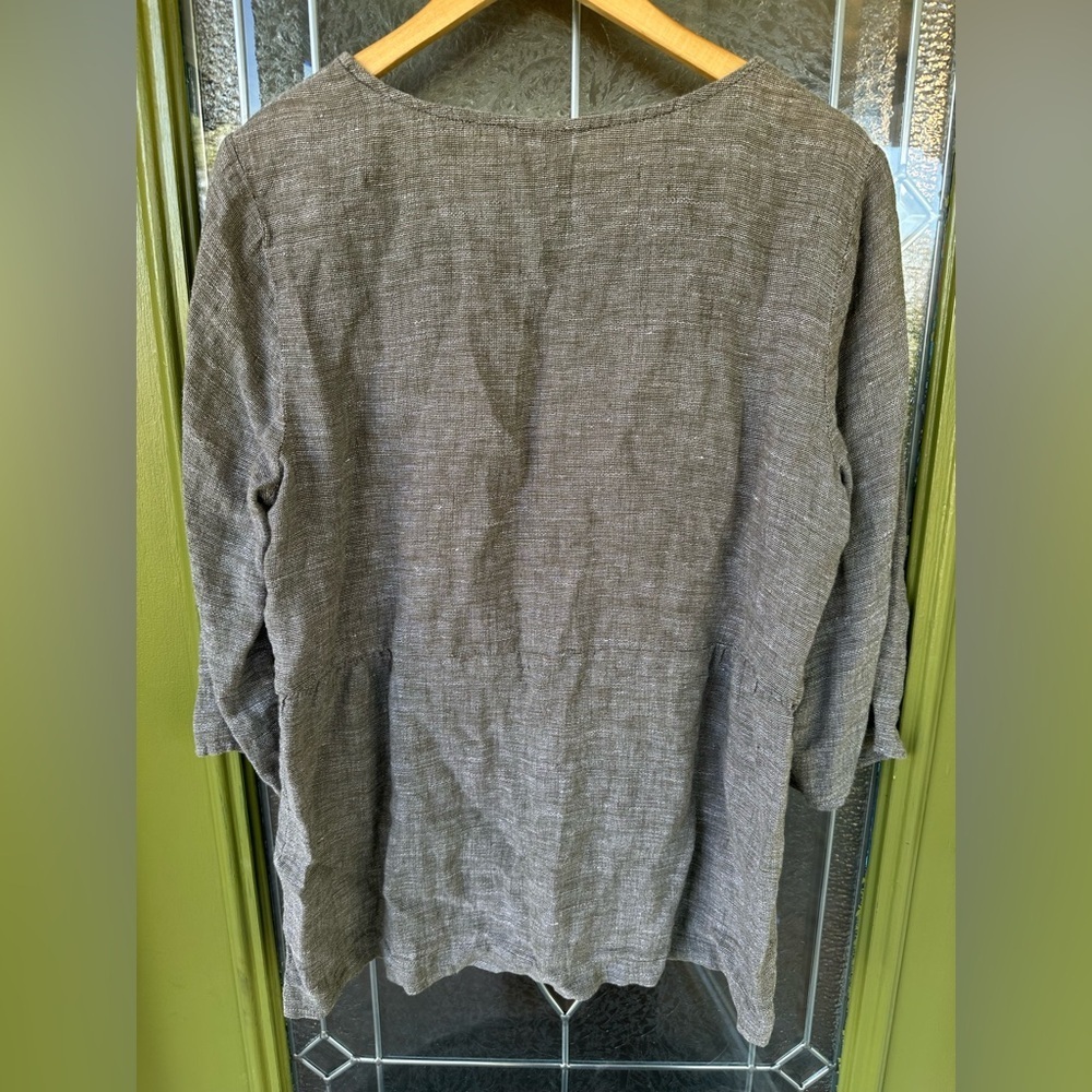 J Jill Large Olive Green Linen 3/4 Sleeve Peplum Relaxed Peasant Flowy Blouse - Picture 4 of 6